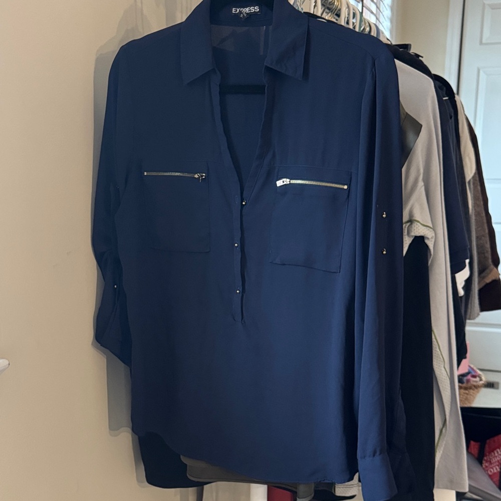 Express Deep Blue Blouse with Zipper Accents